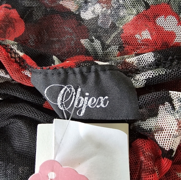 Plus Floral Duster Objex Jacket Vest Rose Red Black Mesh Romantic Bell 2X - Picture 5 of 6